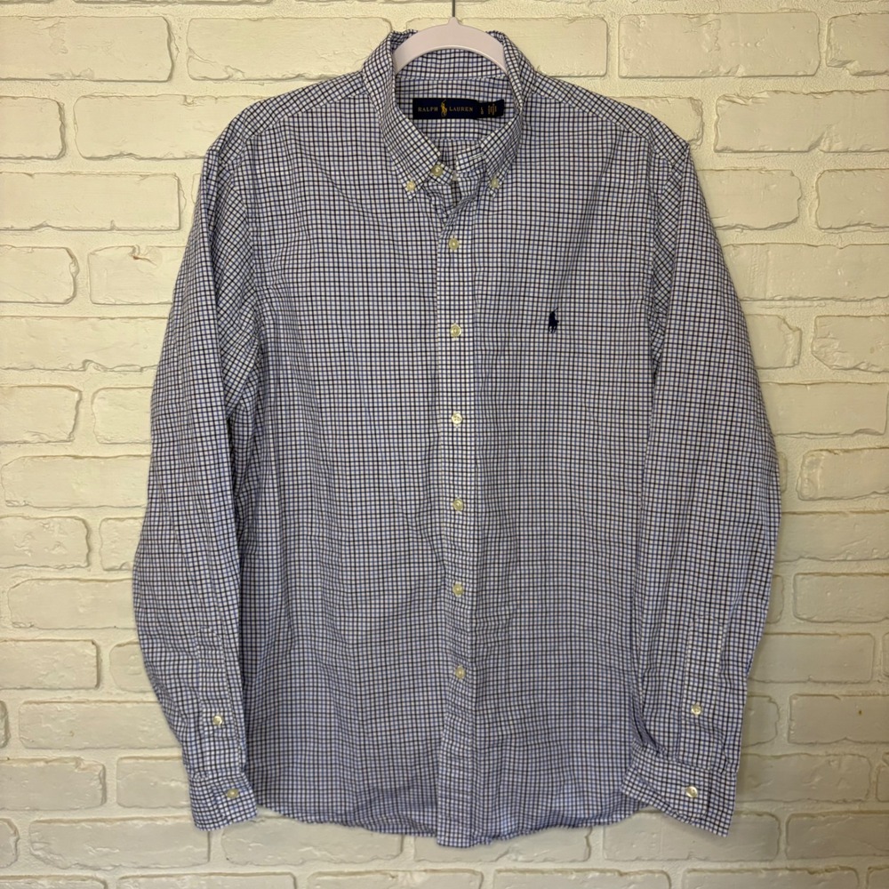 Ralph Lauren‎ Blue White Plaid Collared Button Down Cotton Shirt Men's Large